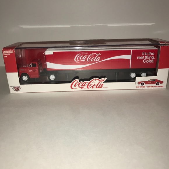 M2 Die Cast Coca Cola Chevrolet Semi Car Hauler with Car Inside Collectible